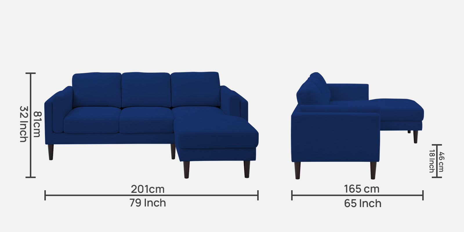 Creata Fabric LHS Sectional Sofa (2+Lounger) in Royal Blue Colour by Febonic
