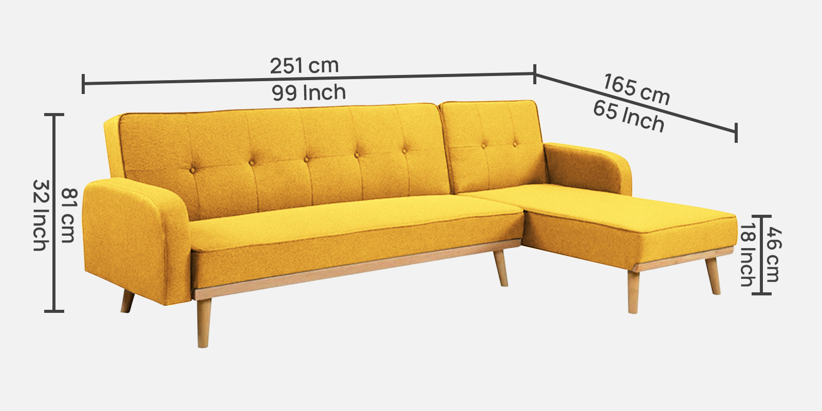 Zuno Fabric RHS Convertible Sofa Cum Bed In Bold Yellow Colour - Febonic Living