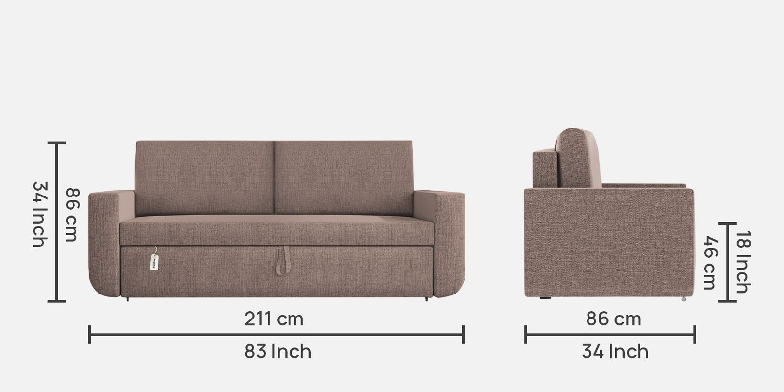 Grace Fabric 3 Seater Pull Out Sofa Cum Bed In Kadhi Beige Colour With Storage - Febonic Living