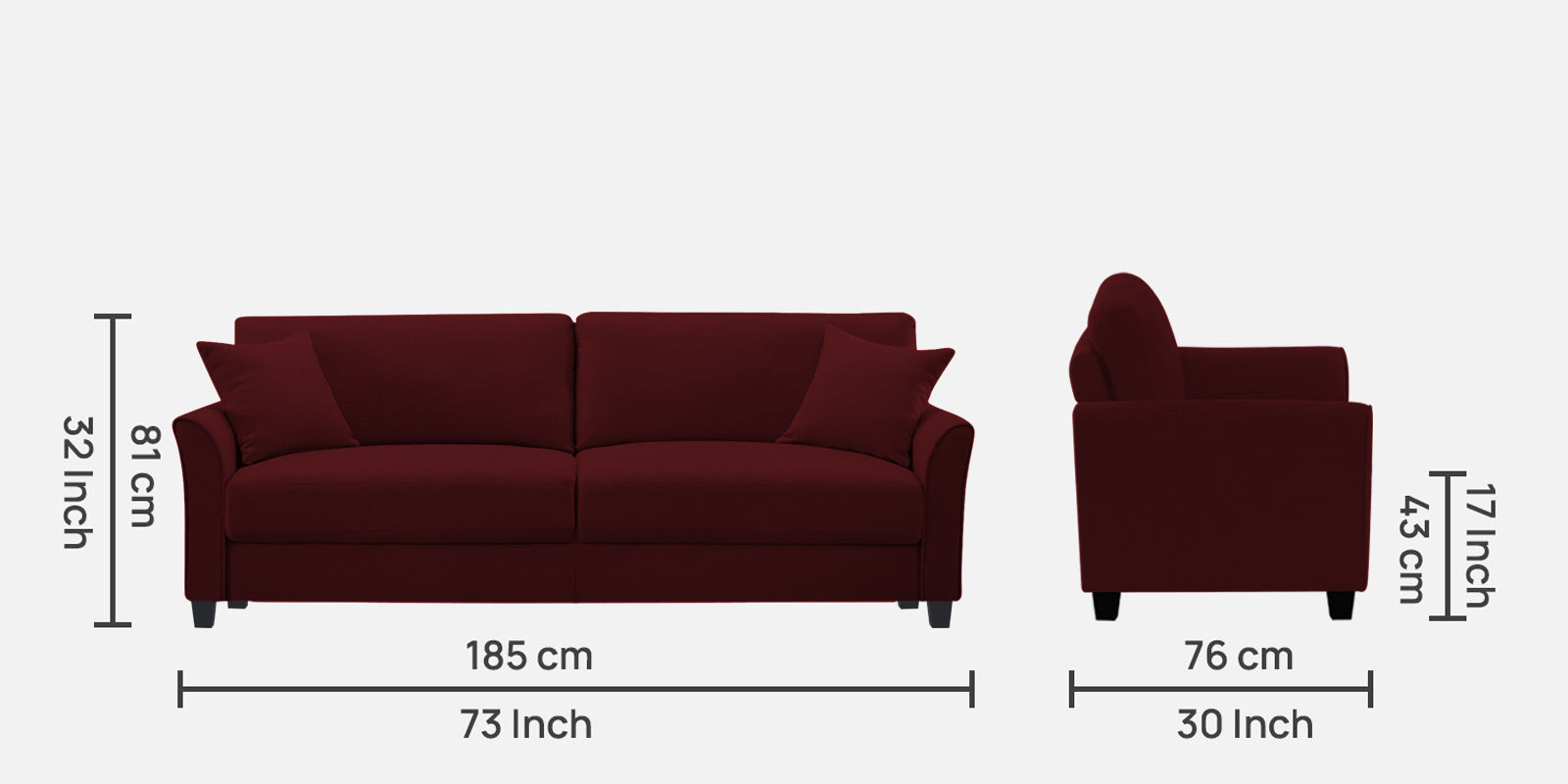 Daroo Velvet 3 Seater Sofa In Dark Maroon Colour - Febonic Living
