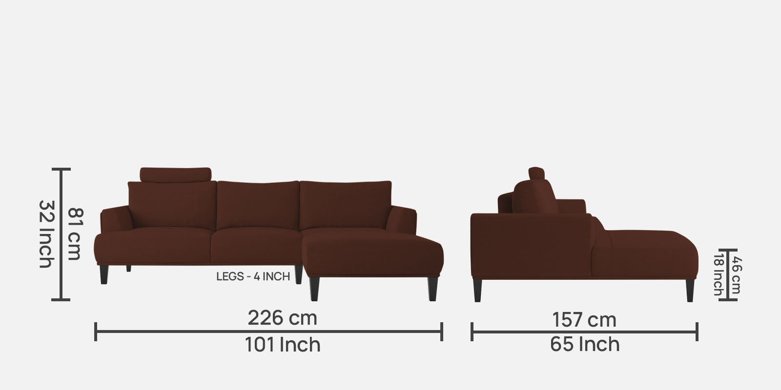 Como Fabric LHS Sectional Sofa (3+Lounger) In Coffee Brown Colour - Febonic Living