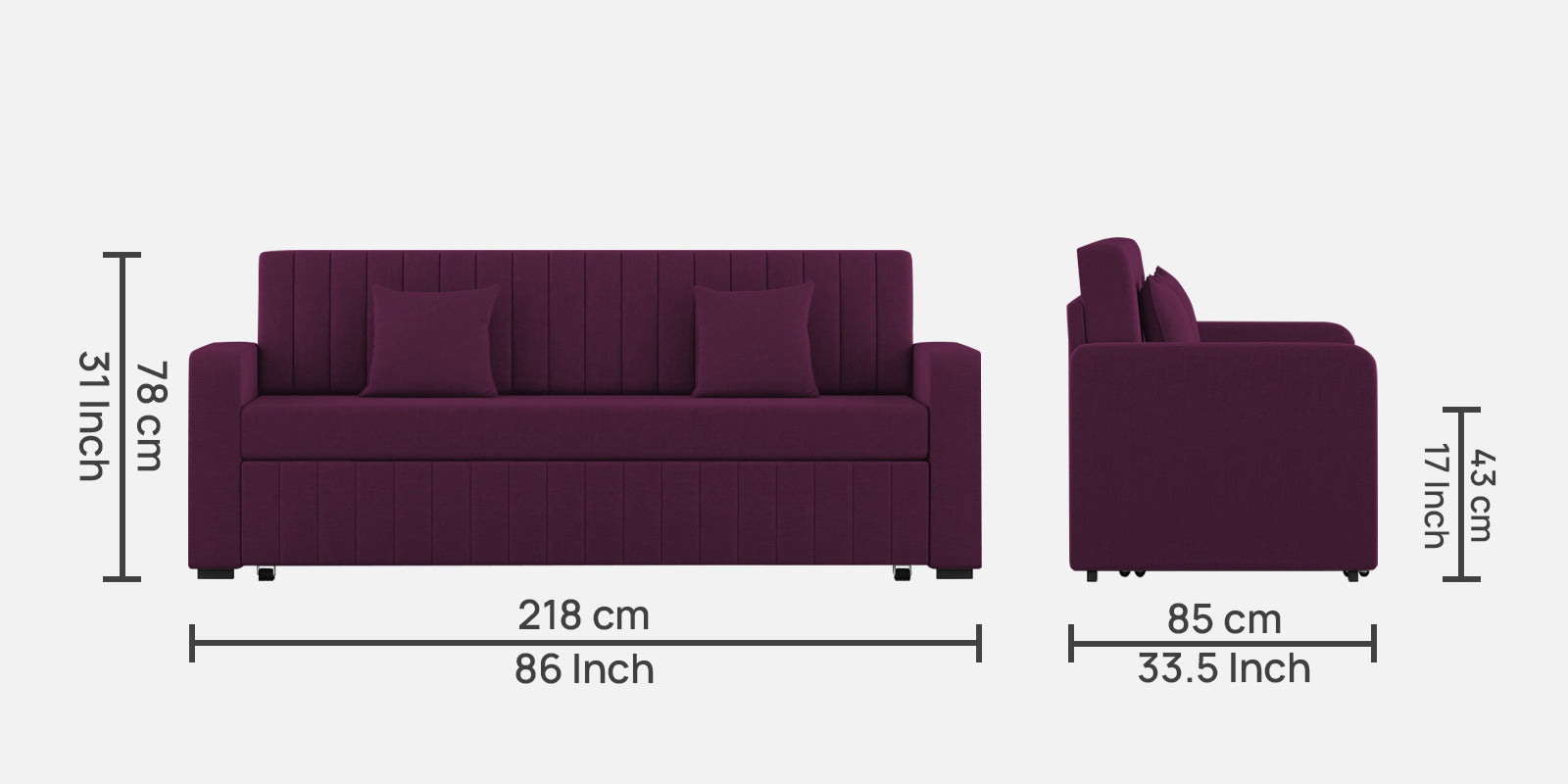 Calra Fabric 3 Seater Pull Out Sofa Cum Bed In Greek Purple Colour With Storage - Febonic Living