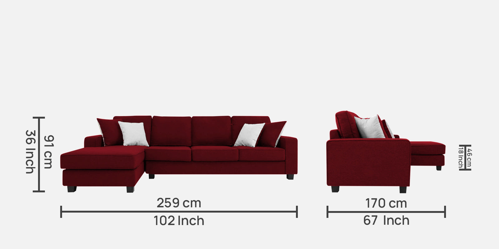 Ladybug Fabric RHS Sectional Sofa (3+Lounger) In Ruby Red Colour - Febonic Living