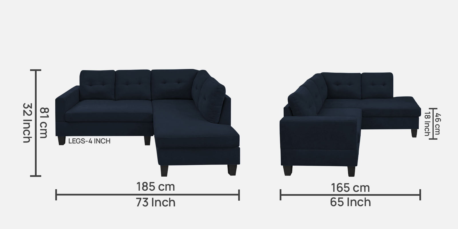 Thomas Fabric LHS Sectional Sofa (2+Lounger) In Denim Blue Colour - Febonic Living