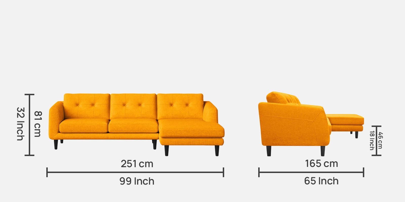 Natasha Velvet LHS Sectional Sofa (3+Lounger) In Saffron Yellow Colour - Febonic Living