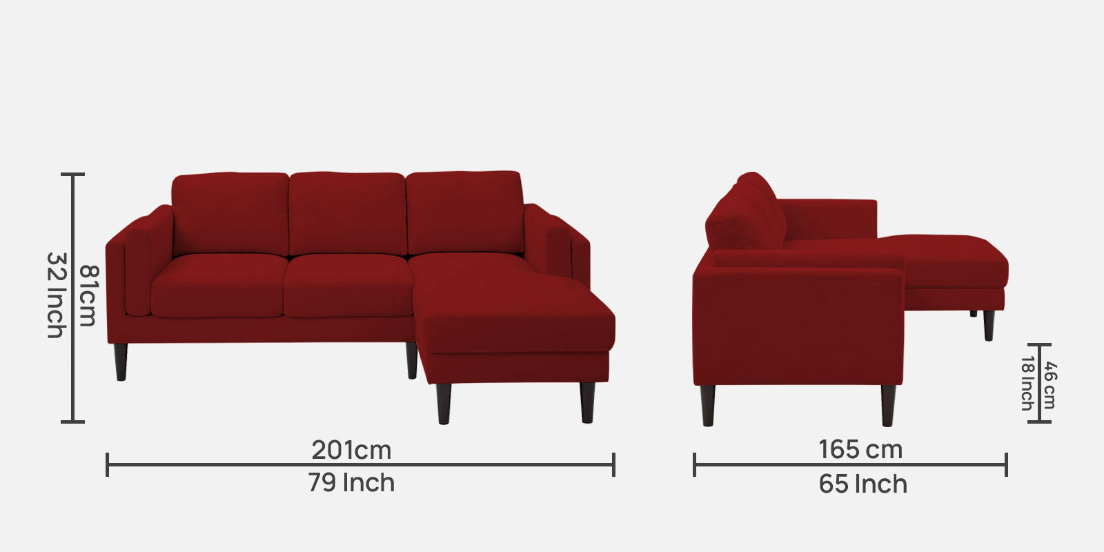 Creata Fabric LHS Sectional Sofa (2+Lounger) in Blood Maroon Colour by Febonic