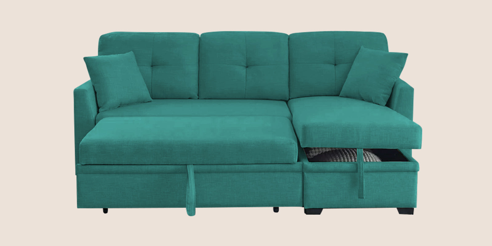 Jody Fabric 3 Seater Pull Out Sofa Cum Bed In Sea Green Colour With Storage - Febonic Living