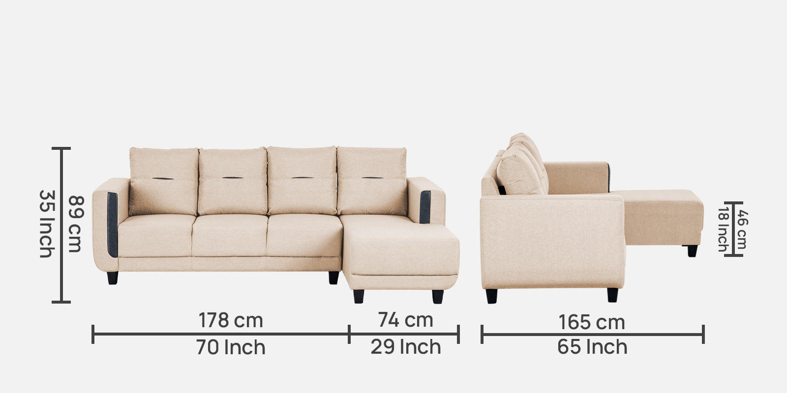 Perry Fabric RHS Sectional Sofa (3+Lounger) In Woom Beige Colour