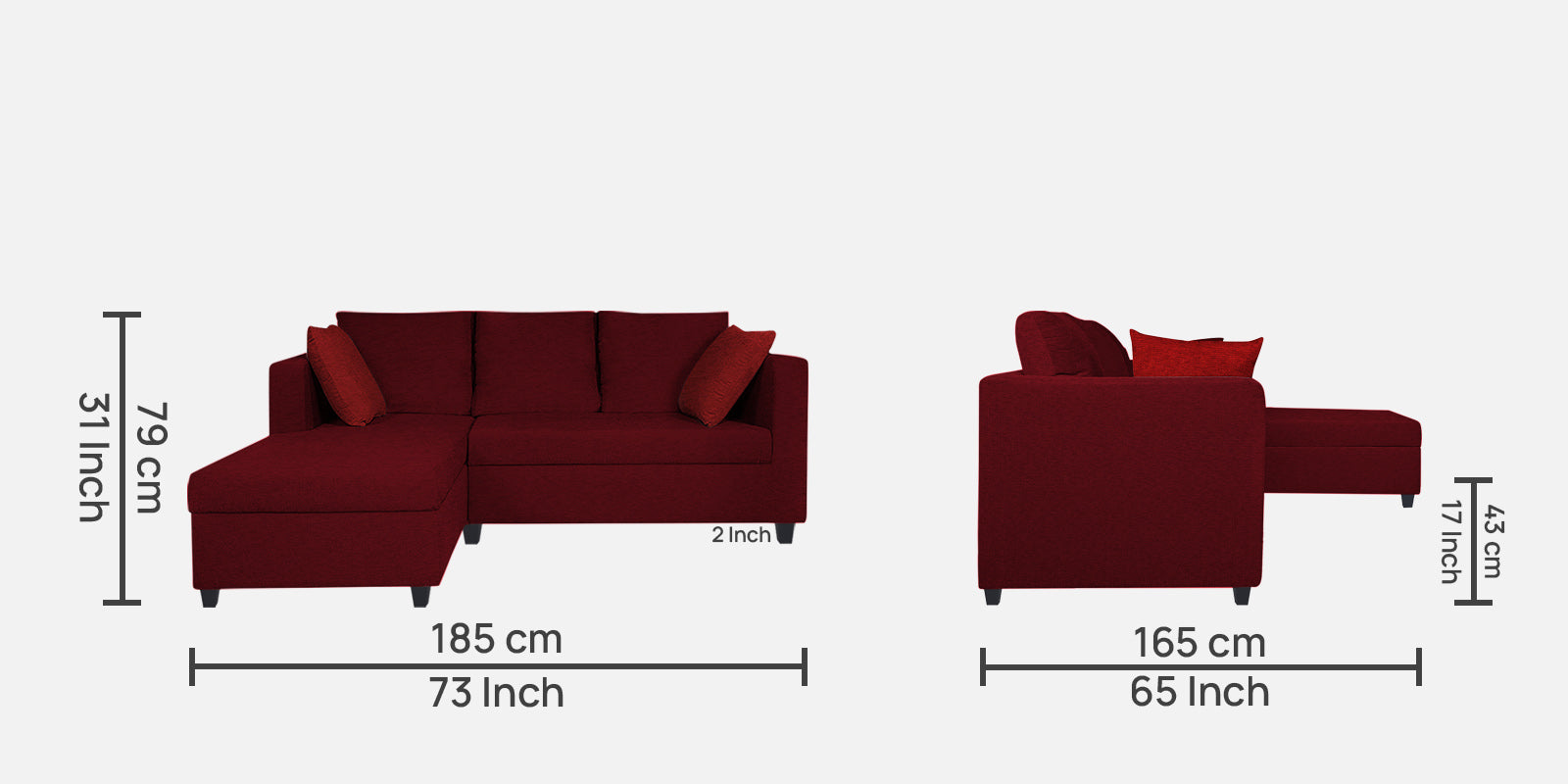 Nebula Fabric RHS Sectional Sofa (2+Lounger) In Ruby Red Colour - Febonic Living