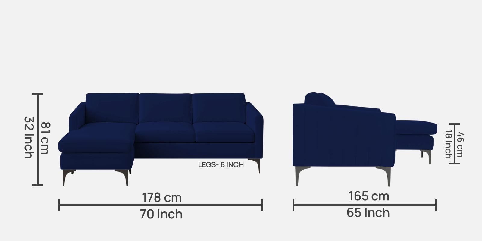 Haru Fabric RHS Sectional Sofa (2+Lounger) In Imperial Blue Colour - Febonic Living