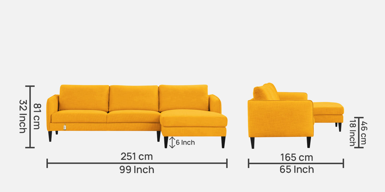 Piku Fabric LHS Sectional Sofa (3+Lounger) In Bold Yellow Colour - Febonic Living