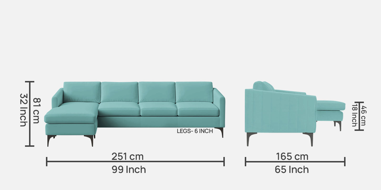 Haru Fabric RHS Sectional Sofa (3+Lounger) In Barmunda Aqua Colour - Febonic Living