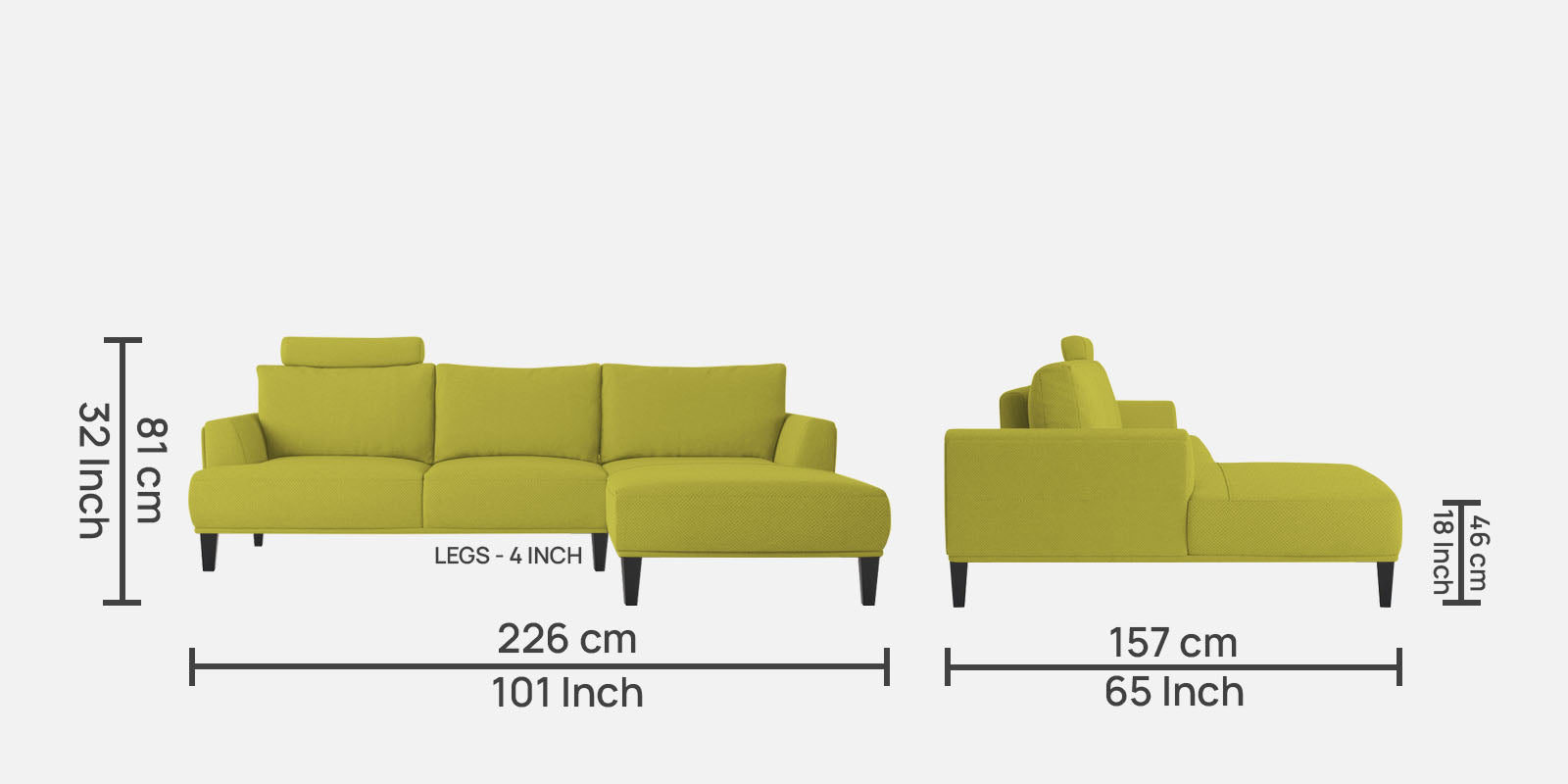 Como Fabric LHS Sectional Sofa (3+Lounger) In Parrot Green Colour - Febonic Living