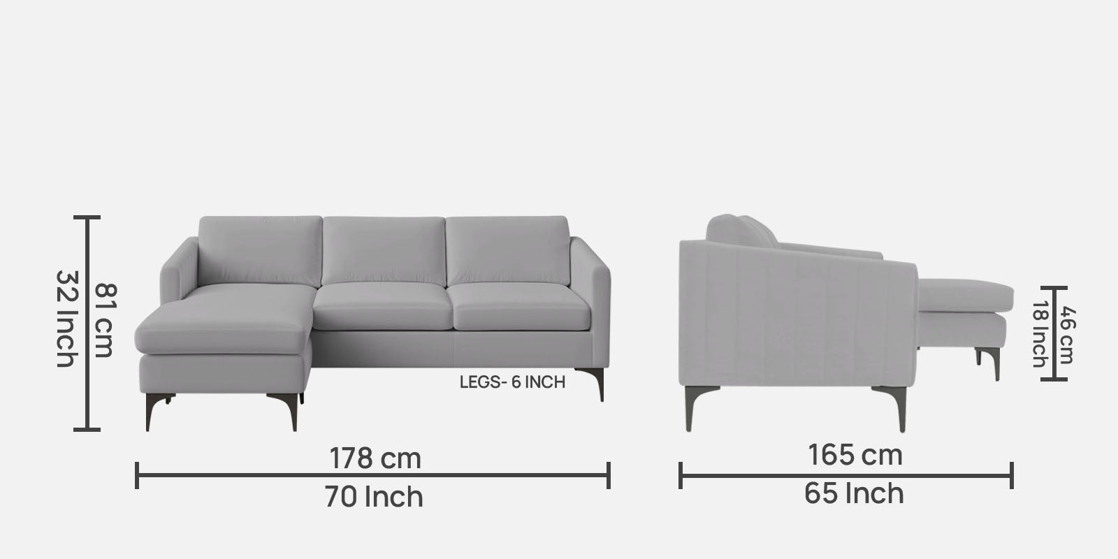 Haru Fabric RHS Sectional Sofa (2+Lounger) In Concrete Grey Colour - Febonic Living
