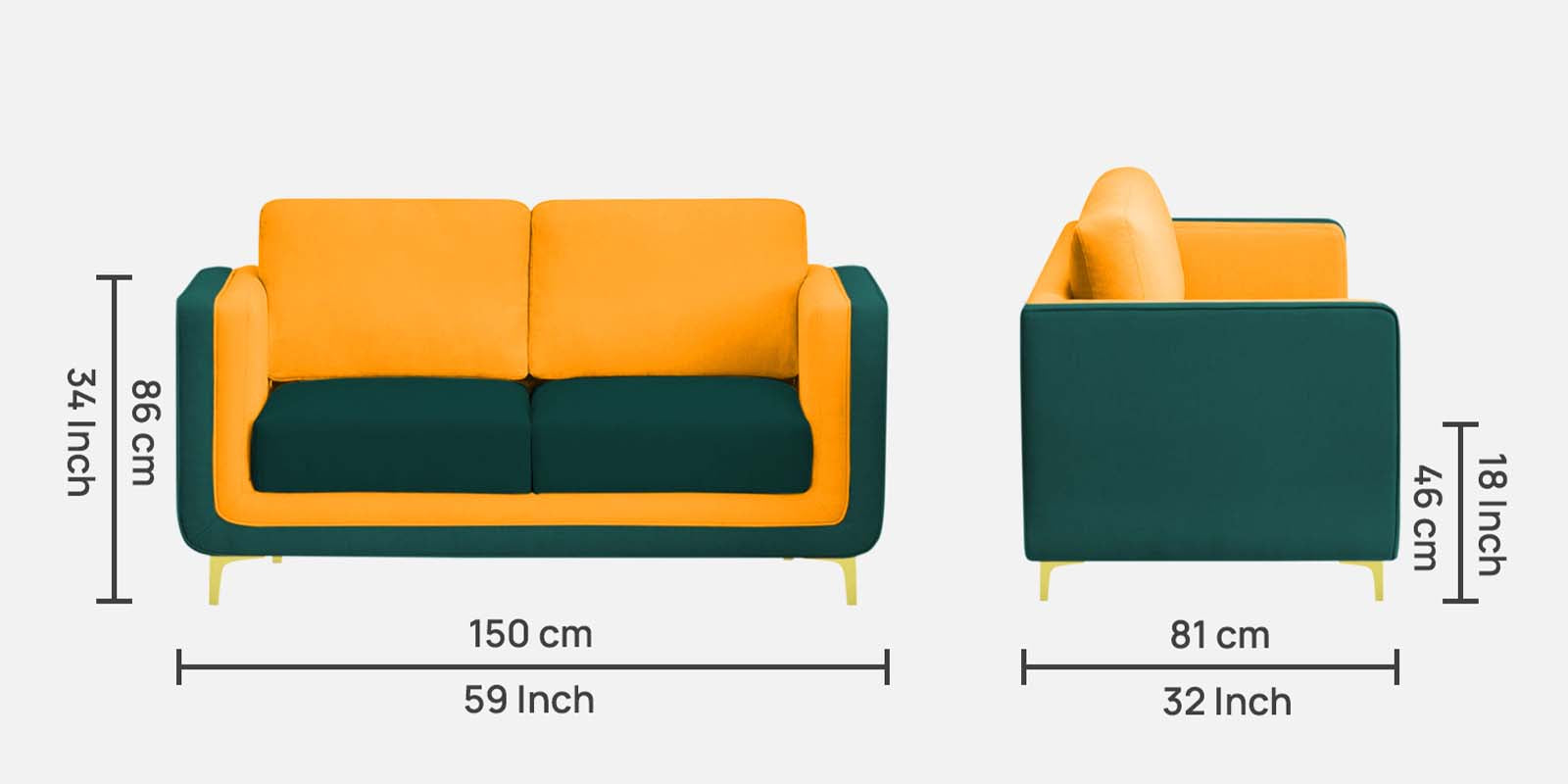 Visky Velvet 2 Seater Sofa In Saffron Yellow And Amazon Green Colour - Febonic Living