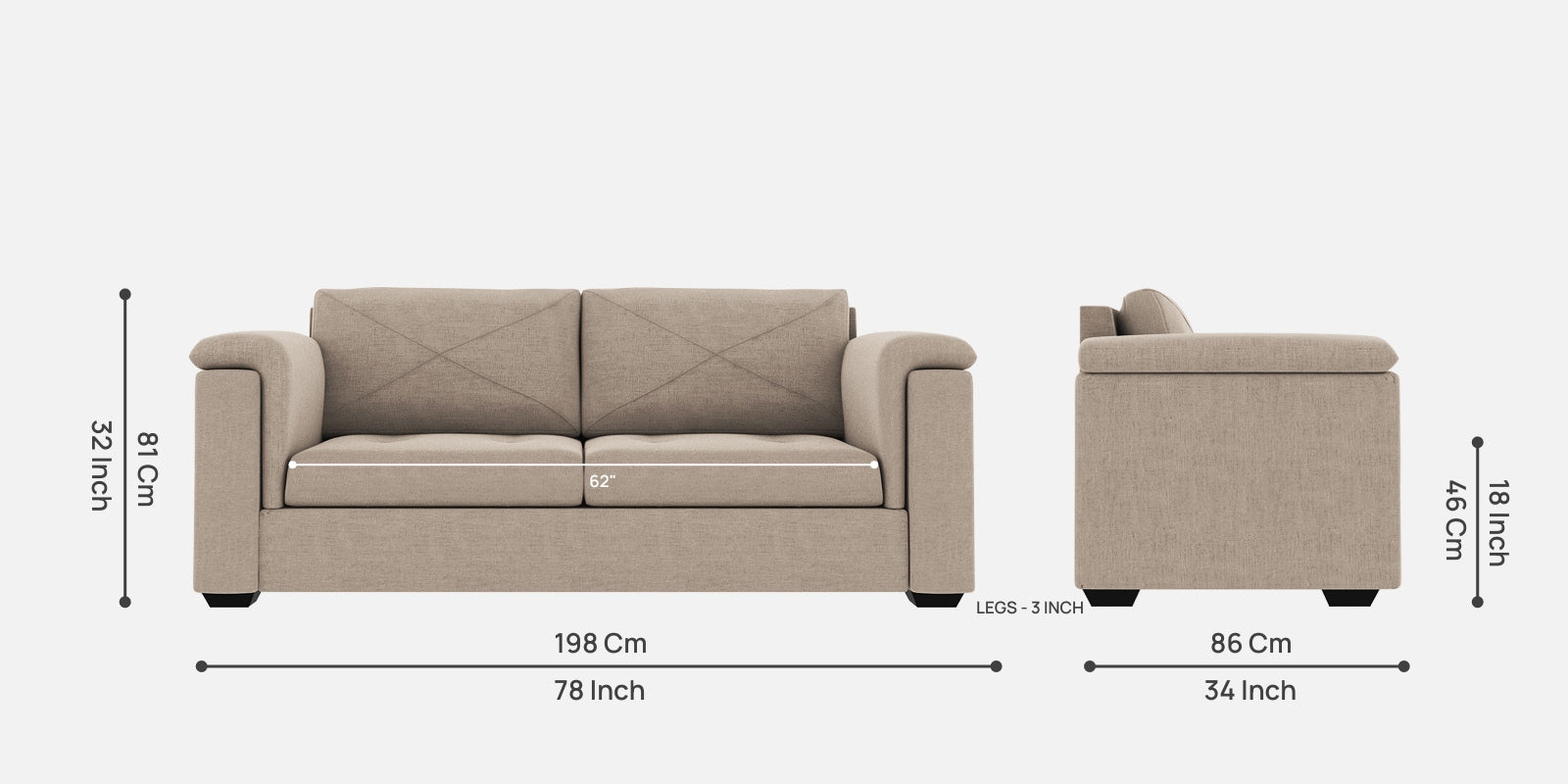 Andres Fabric 3 Seater Sofa In Khaki Beige Colour - Febonic Living