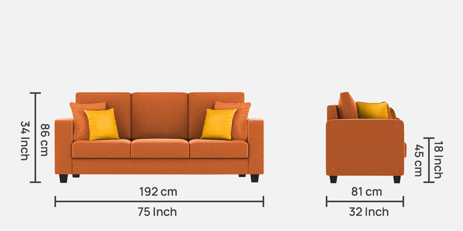 Nabi Fabric 3 Seater Sofa In Vivid Orange Colour - Febonic Living