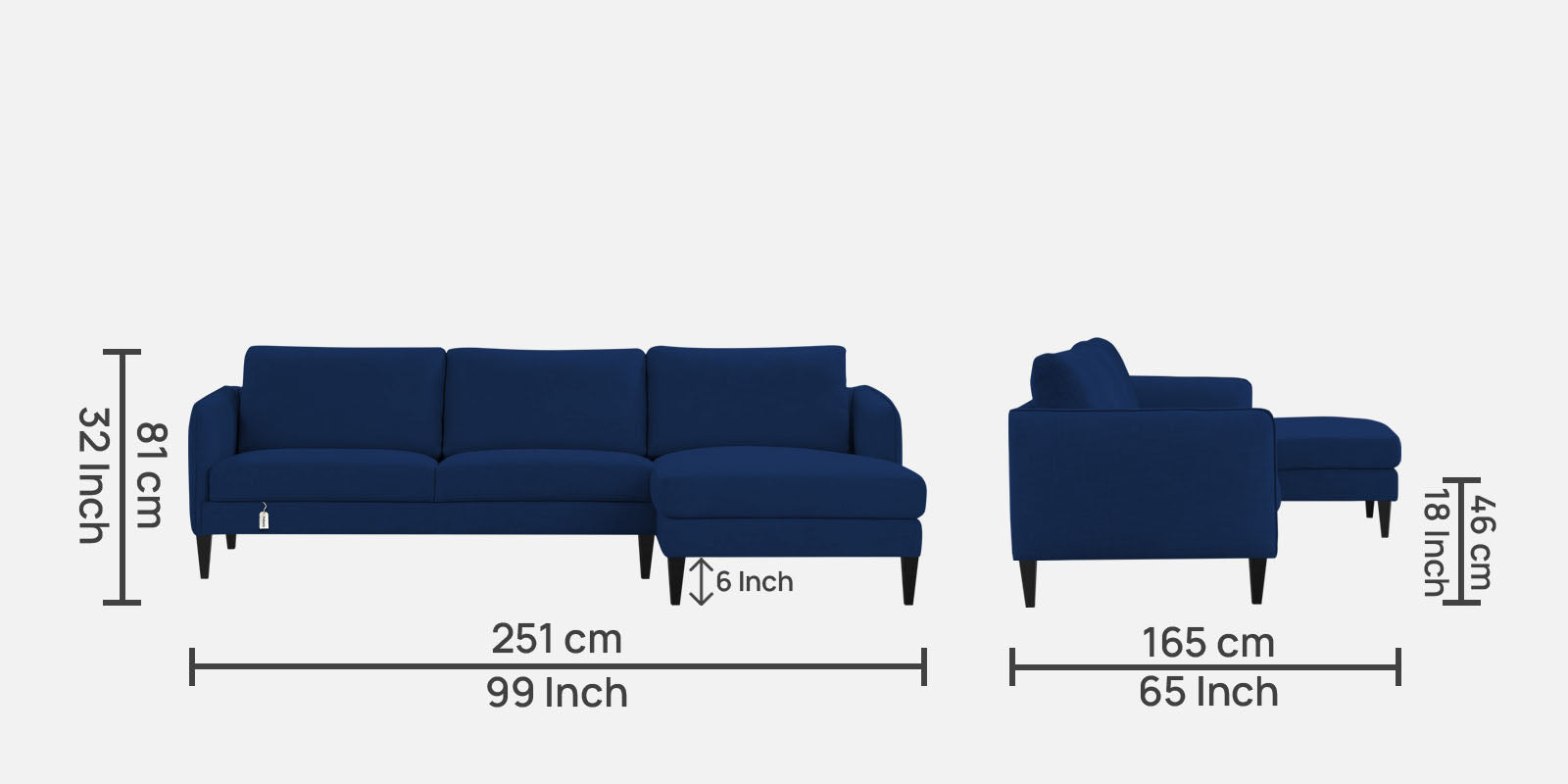Piku Fabric LHS Sectional Sofa (3+Lounger) In Royal Blue Colour - Febonic Living