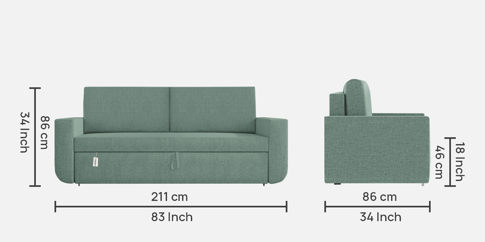 Grace Fabric 3 Seater Pull Out Sofa Cum Bed In Suka Blue Colour With Storage - Febonic Living