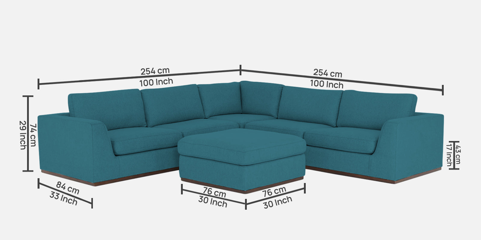 Freedom Velvet 6 Seater LHS Corner Sofa In Aqua Blue Colour With Ottoman - Febonic Living