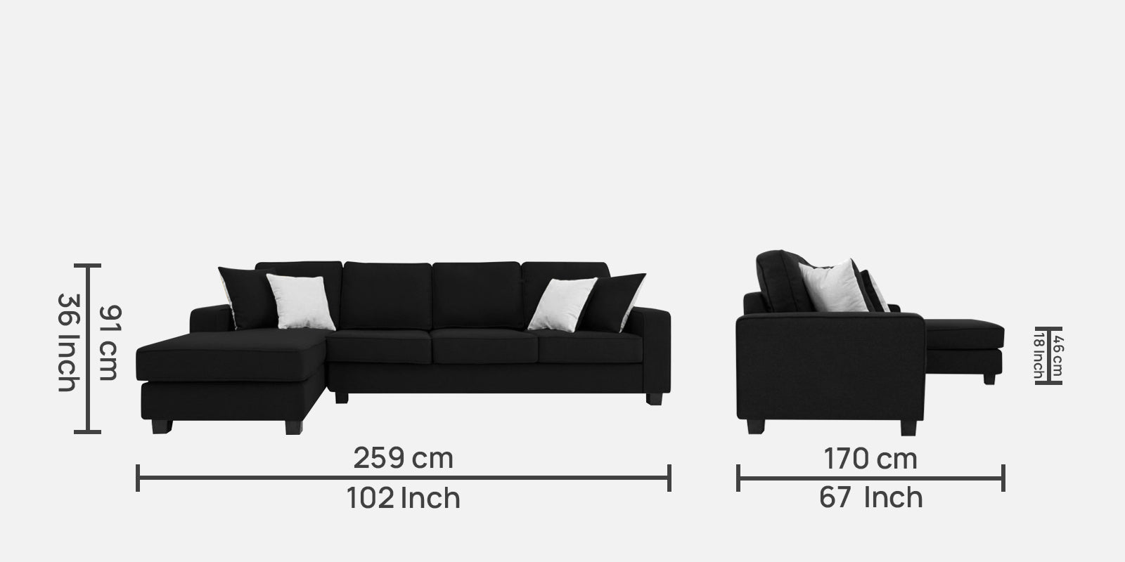 Ladybug Fabric RHS Sectional Sofa (3+Lounger) In Zed Black Colour - Febonic Living