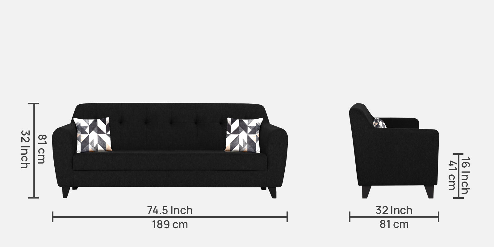Melaan Fabric 3 Seater Sofa In Zed Black Colour - Febonic Living