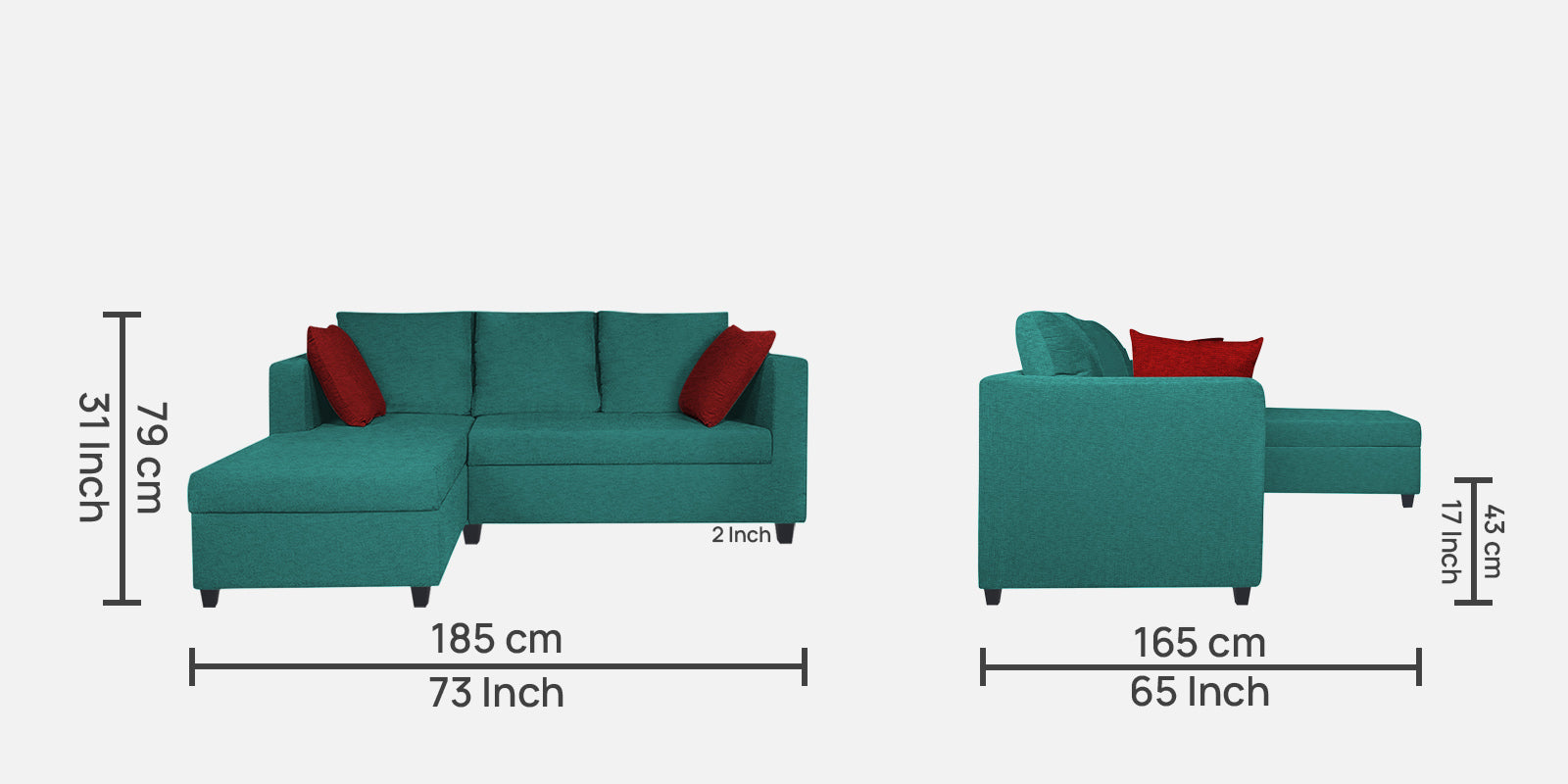 Nebula Fabric RHS Sectional Sofa (2+Lounger) In Sea Green Colour - Febonic Living