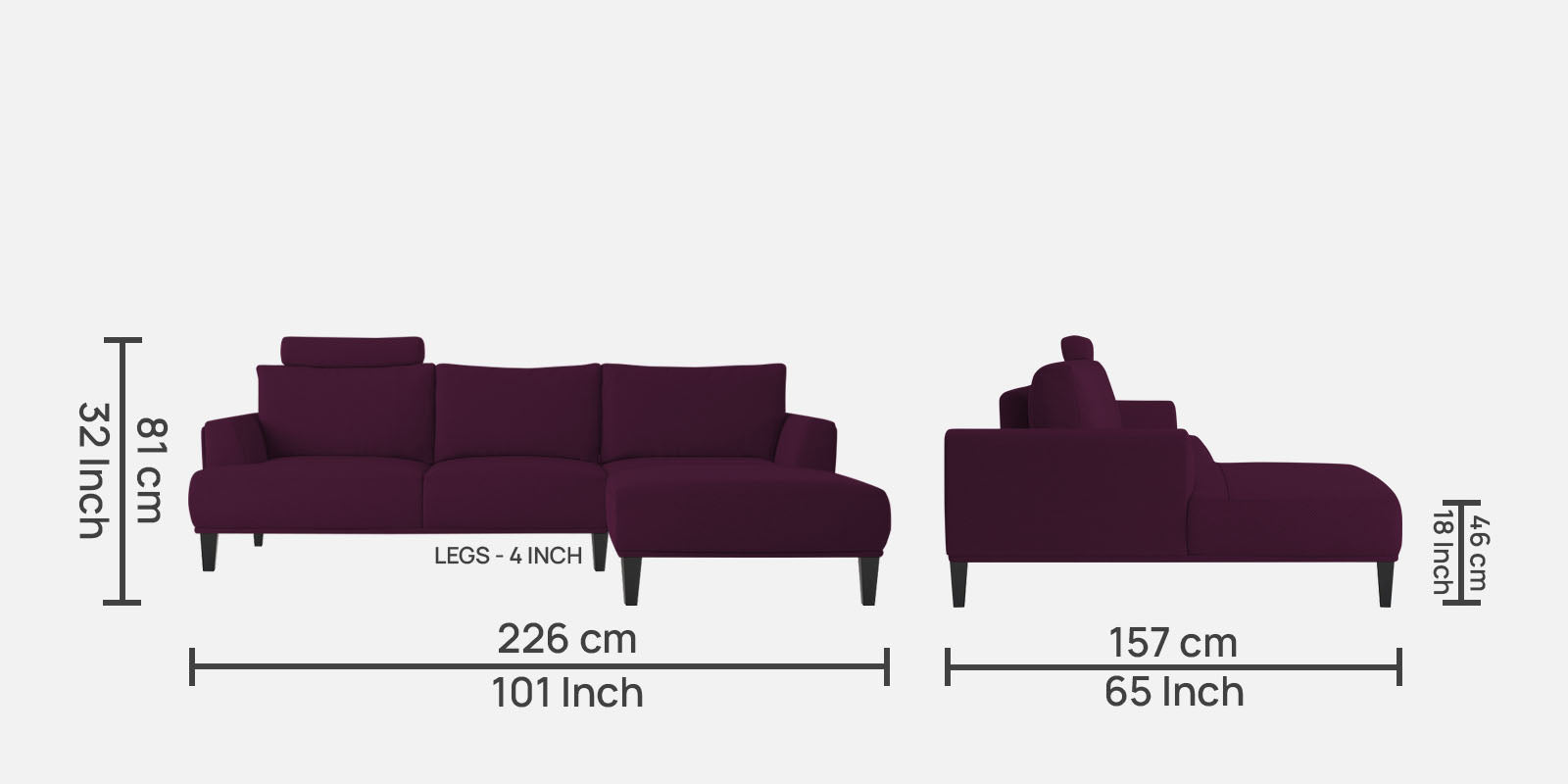 Como Fabric LHS Sectional Sofa (3+Lounger) In Greek Purple Colour - Febonic Living