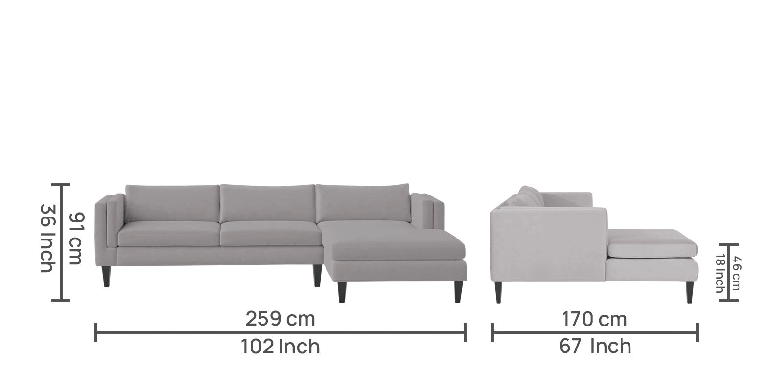 Jasper Velvet LHS Sectional Sofa (3+Lounger) In Concrete grey Colour - Febonic Living