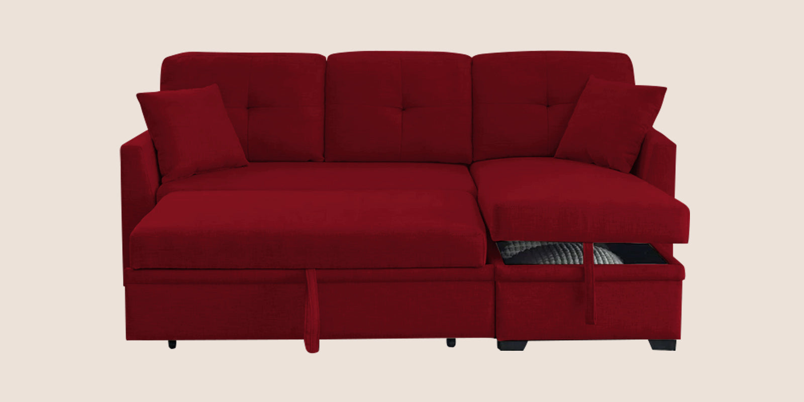 Jody Fabric 3 Seater Pull Out Sofa Cum Bed In Ruby Red Colour With Storage - Febonic Living
