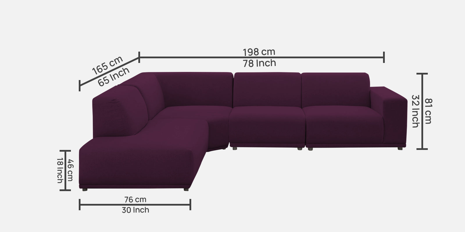 Adam Fabric RHS Sectional Sofa (3+Ottoman Lounger) In Greek Purple Colour - Febonic Living
