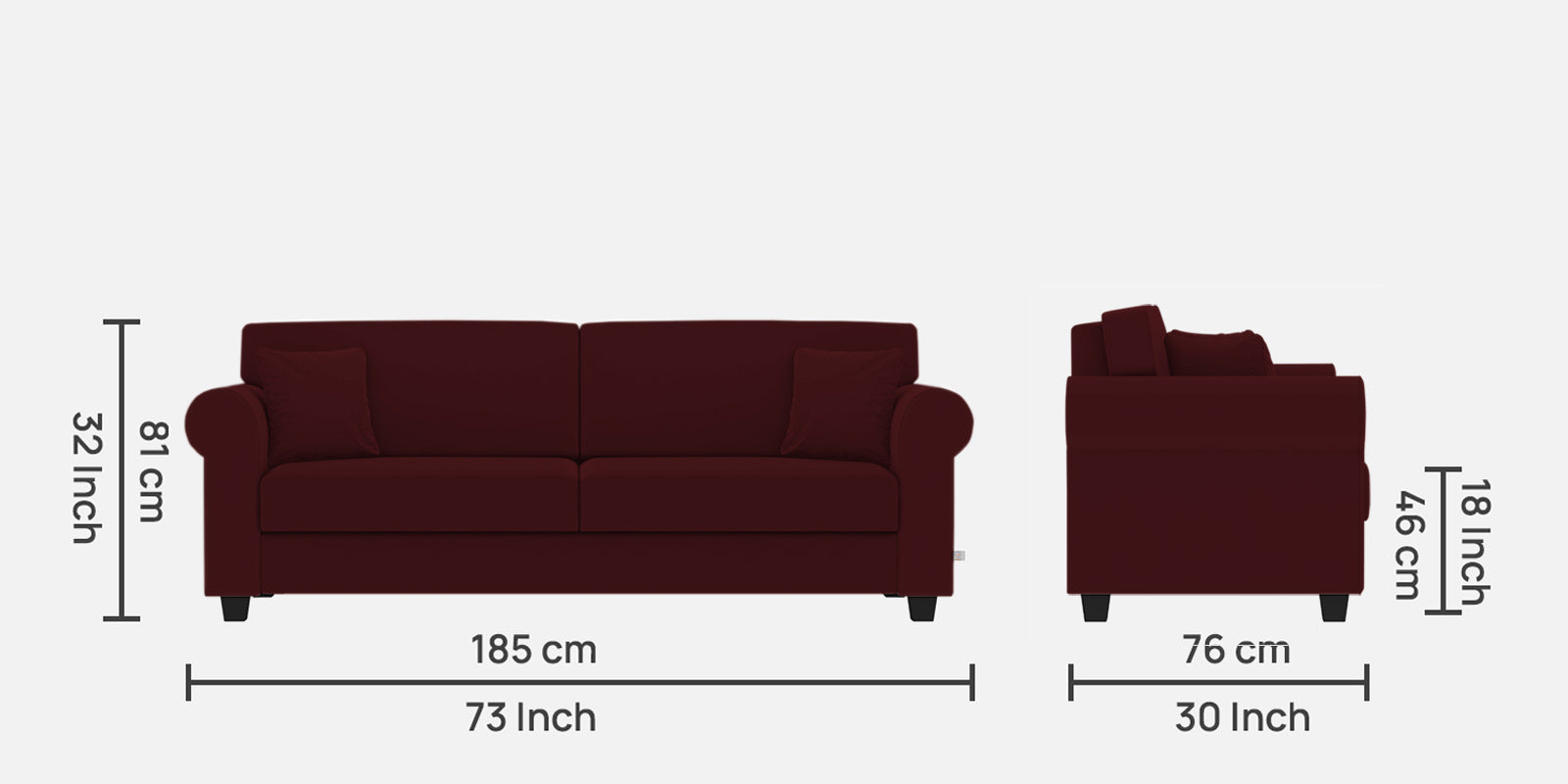 Numonk Velvet 3 Seater Sofa In Dark Maroon Colour - Febonic Living