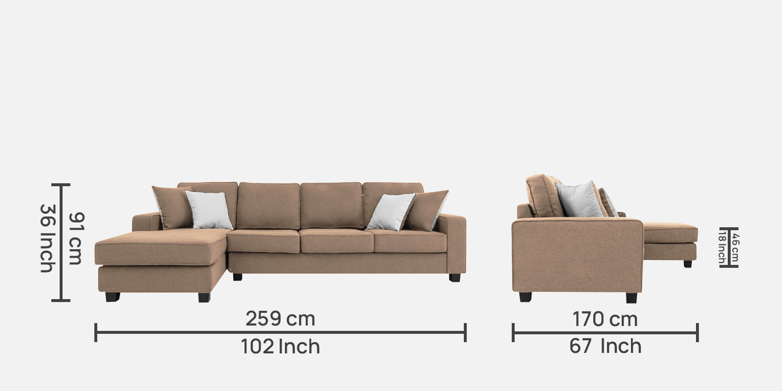 Ladybug Fabric RHS Sectional Sofa (3+Lounger) In Cookie Beige Colour - Febonic Living
