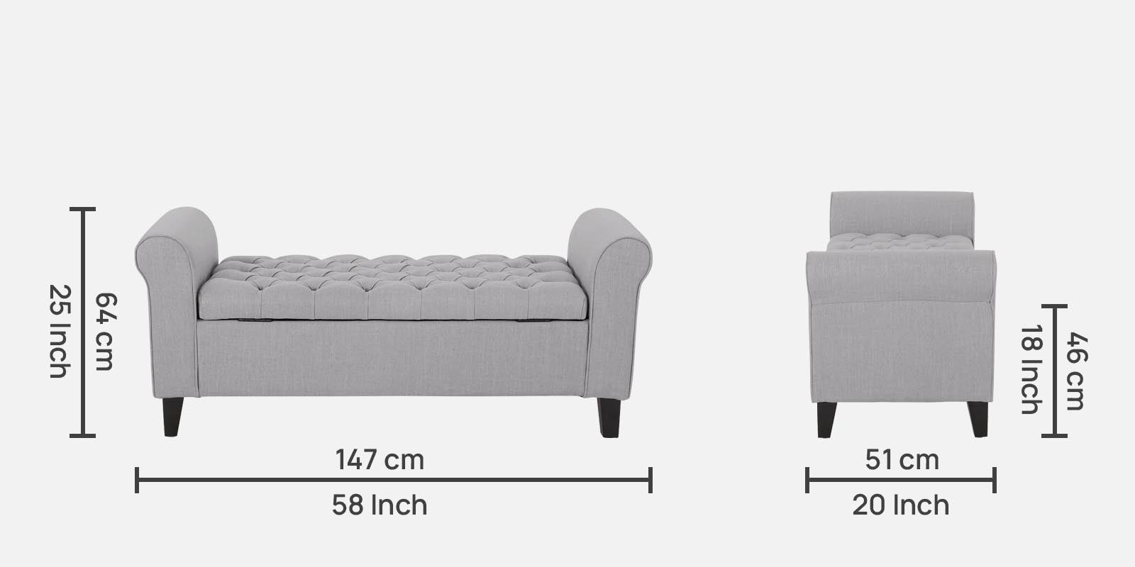 Nowia Fabric 3 Seater Recamier In Lit Grey Colour With Storage - Febonic Living