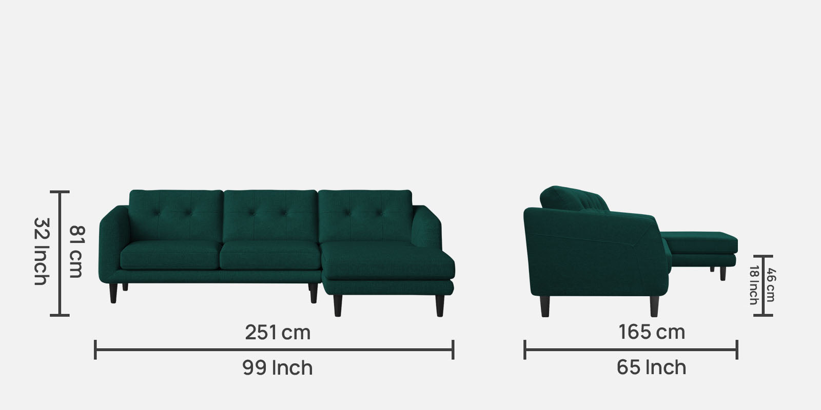 Natasha Velvet LHS Sectional Sofa (3+Lounger) In Forest Green Colour - Febonic Living