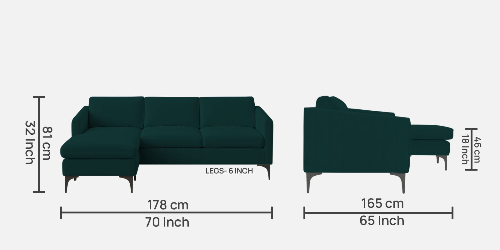 Haru Fabric RHS Sectional Sofa (2+Lounger) In Forest Green Colour - Febonic Living