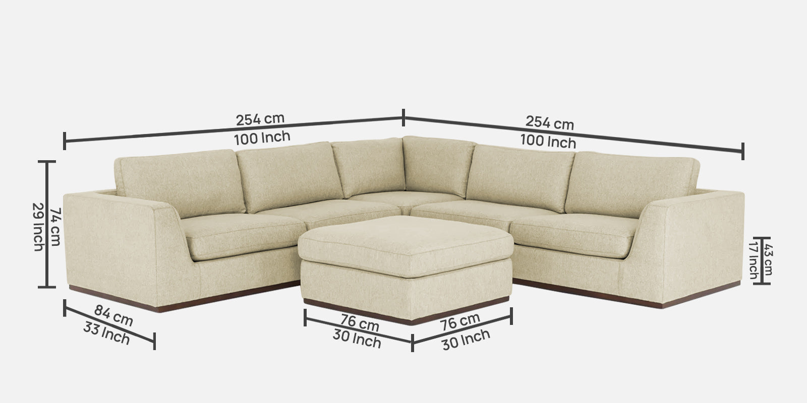Freedom Velvet 6 Seater LHS Corner Sofa In Warm White Colour With Ottoman - Febonic Living