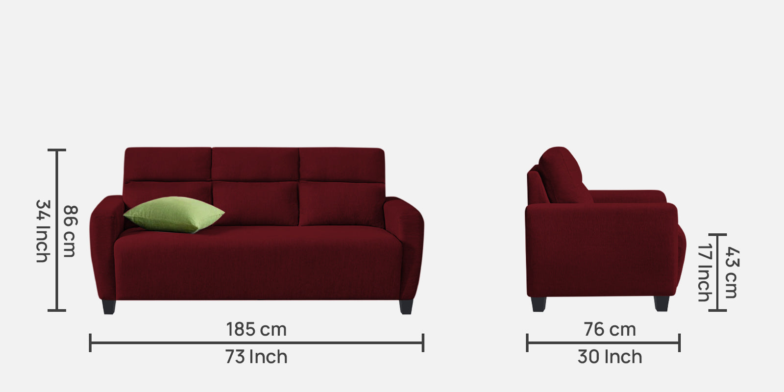 Bakadi Fabric 3 Seater Sofa in Ruby Red Colour
