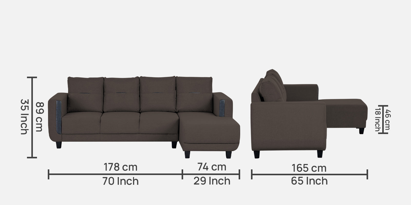 Perry Fabric LHS Sectional Sofa (3+Lounger) In Caspa Brown Colour - Febonic Living