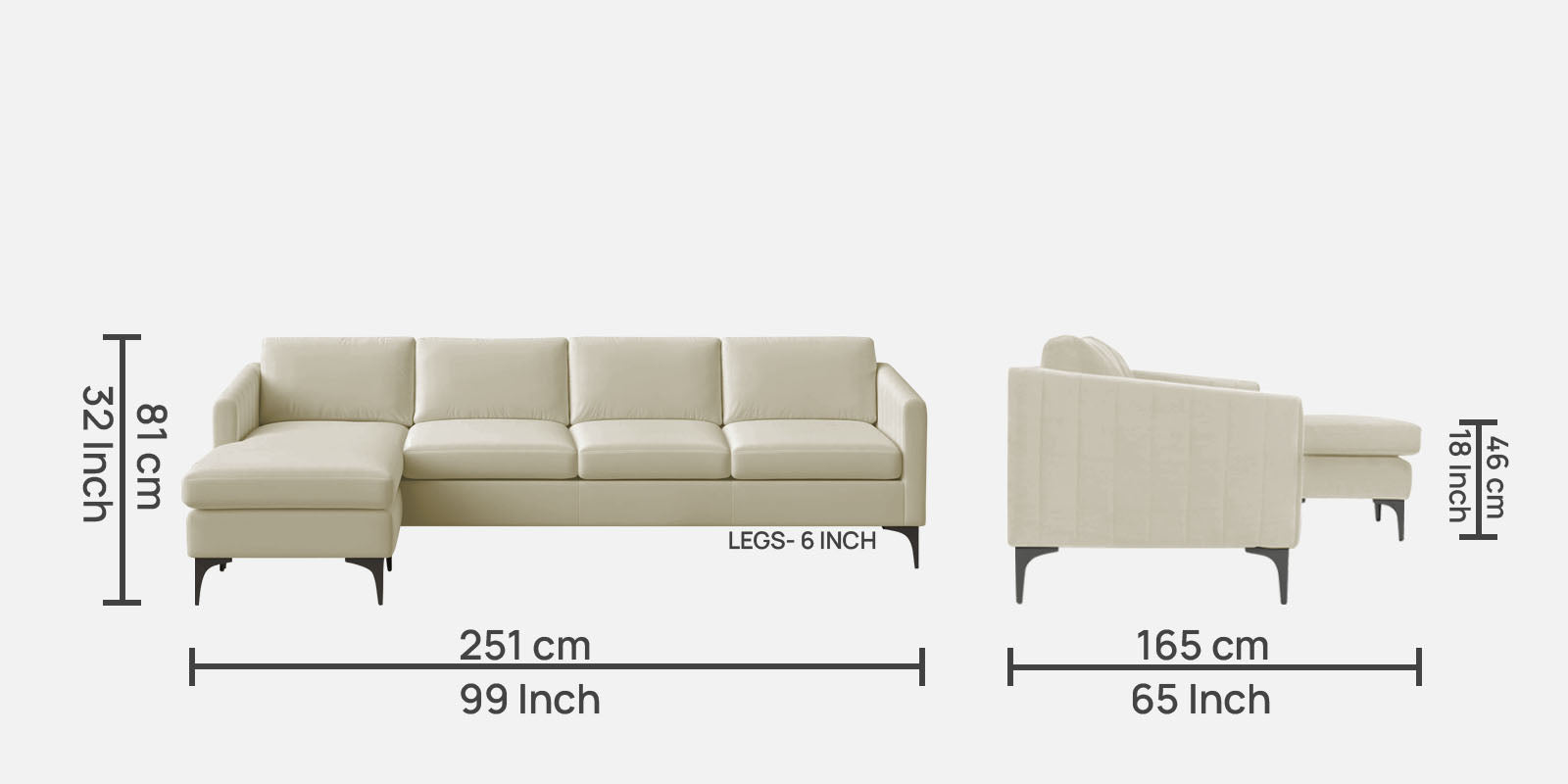 Haru Fabric RHS Sectional Sofa (3+Lounger) In Warm White Colour - Febonic Living