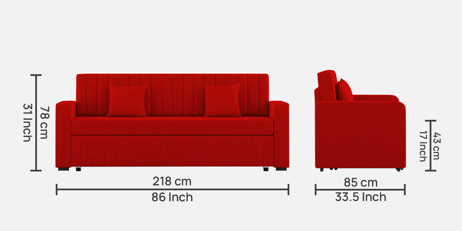 Calra Fabric 3 Seater Pull Out Sofa Cum Bed In Ruby Red Colour With Storage - Febonic Living