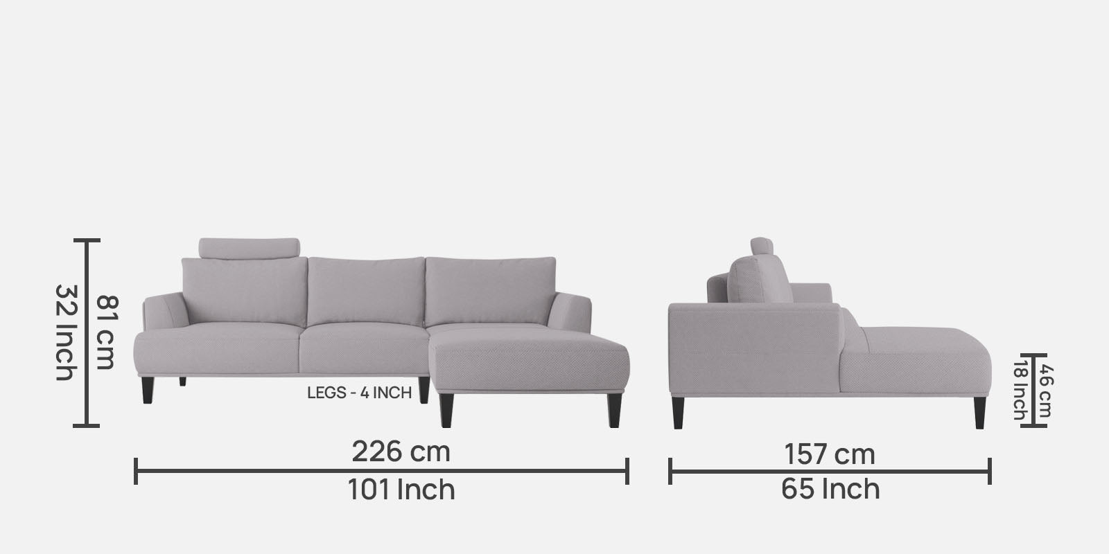 Como Fabric LHS Sectional Sofa (3+Lounger) In Lit Grey Colour - Febonic Living