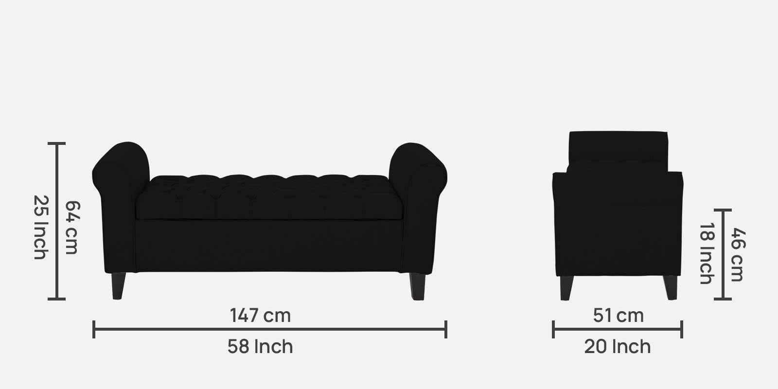 Nowia Fabric 3 Seater Recamier In Zed Black Colour With Storage - Febonic Living
