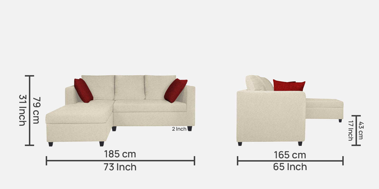 Nebula Fabric RHS Sectional Sofa (2+Lounger) In Ivory Cream Colour - Febonic Living
