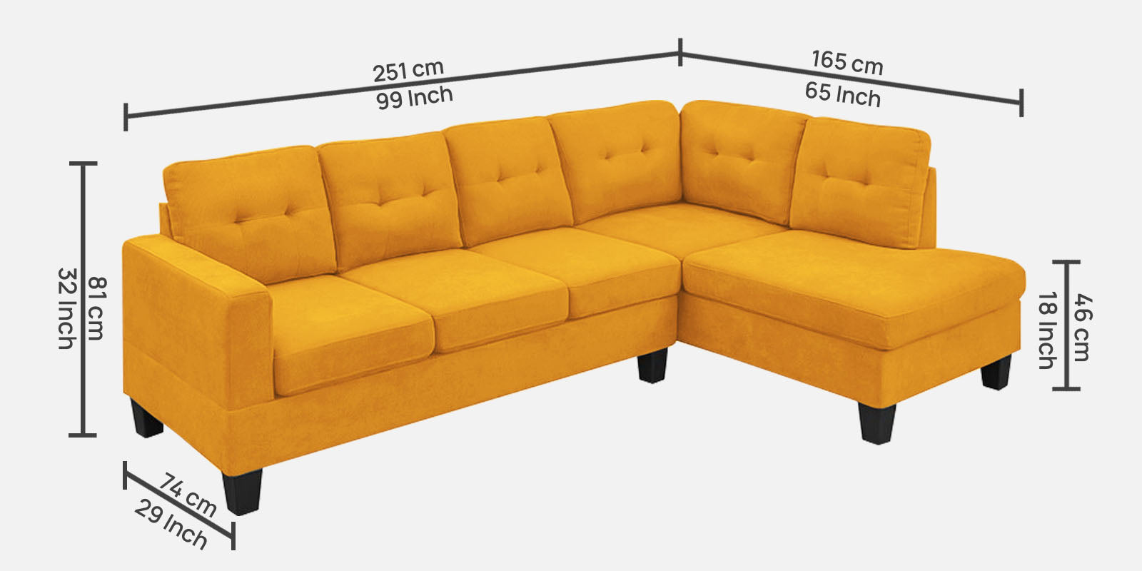 Thomas Fabric LHS Sectional Sofa (3+Lounger) In Bold Yellow Colour - Febonic Living