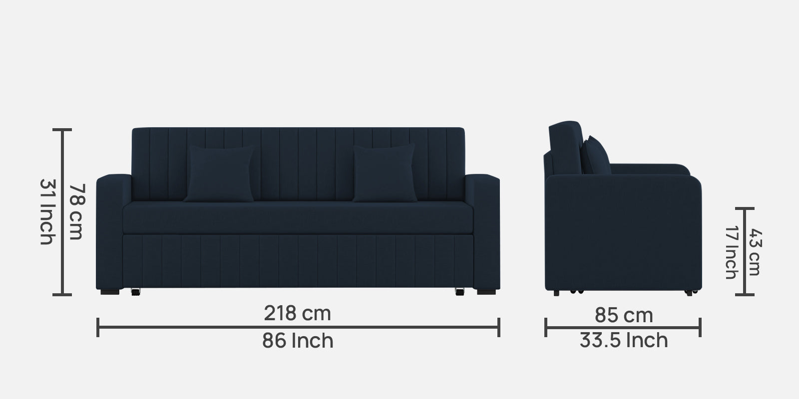 Calra Fabric 3 Seater Pull Out Sofa Cum Bed In Denim Blue Colour With Storage - Febonic Living