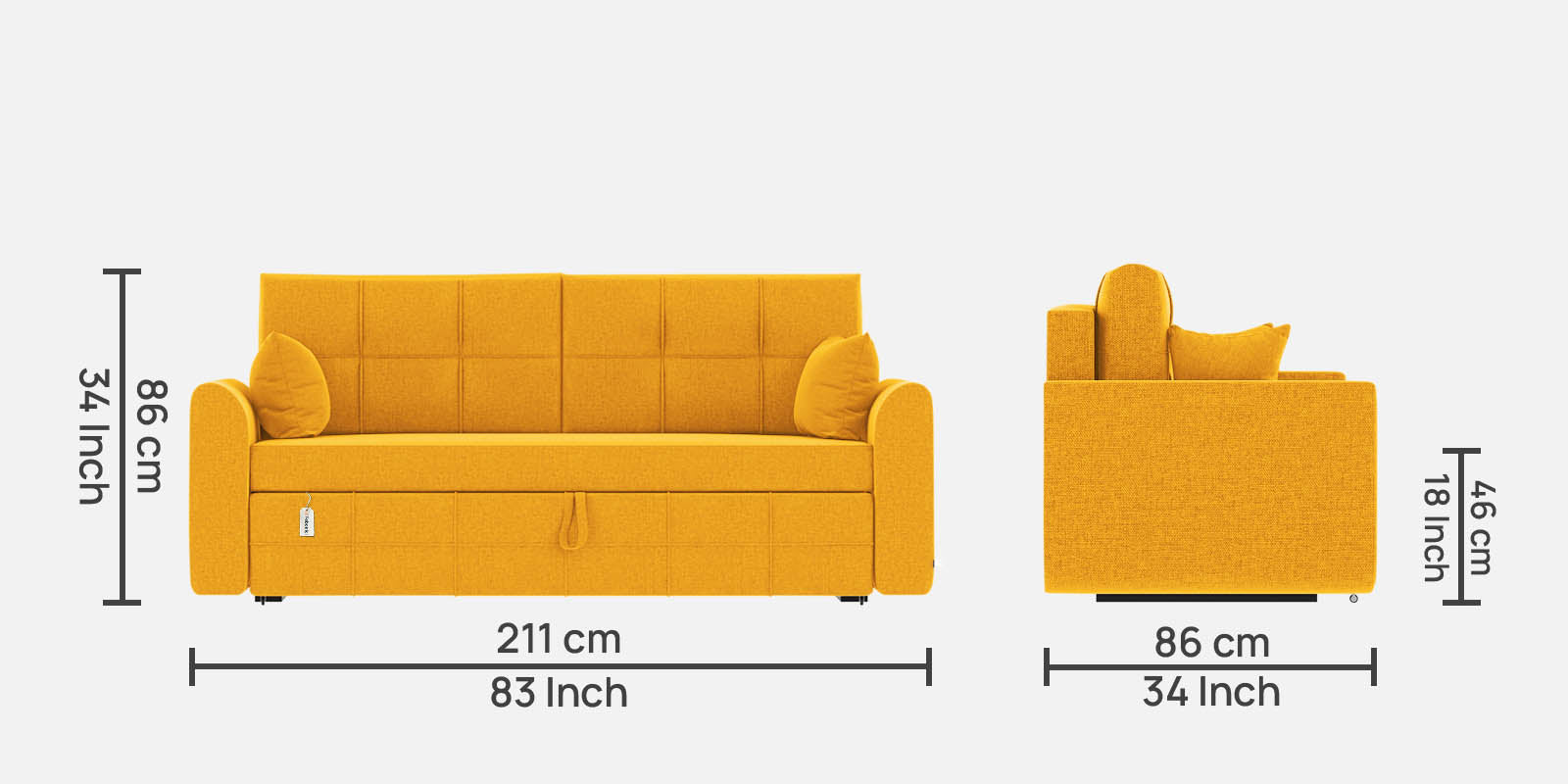 Ines Fabric 3 Seater Pull Out Sofa Cum Bed In Bold Yellow Colour With Storage - Febonic Living