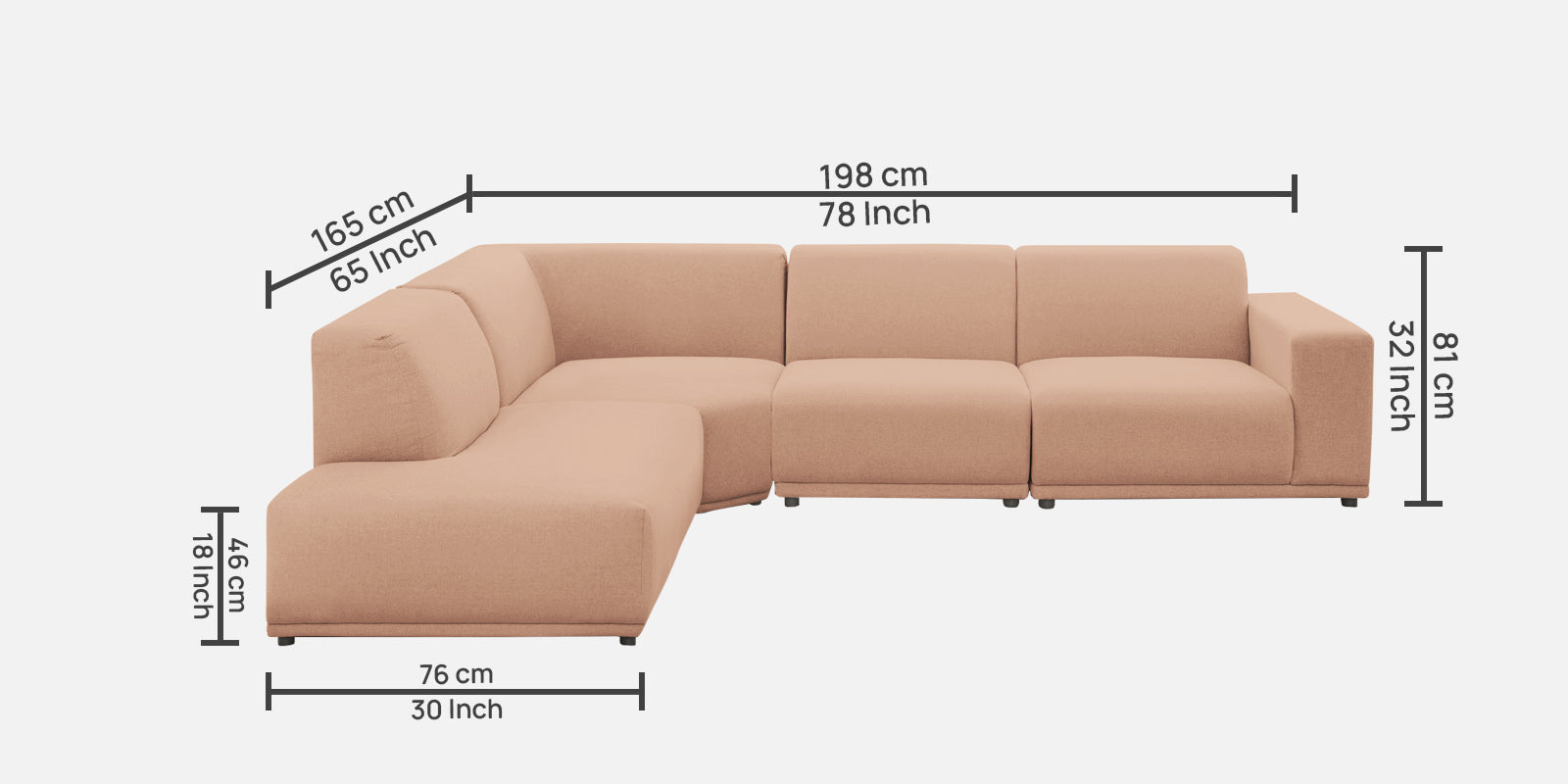 Adam Fabric RHS Sectional Sofa (3+Ottoman Lounger) In Cosmic Beige Colour - Febonic Living