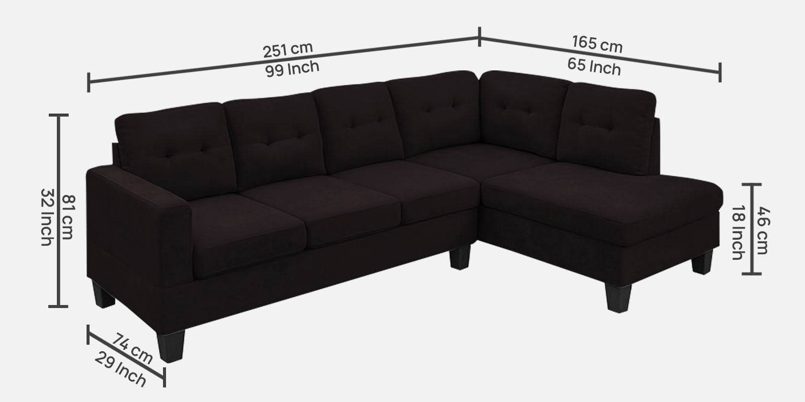 Thomas Fabric LHS Sectional Sofa (3+Lounger) In Cara Brown Colour - Febonic Living
