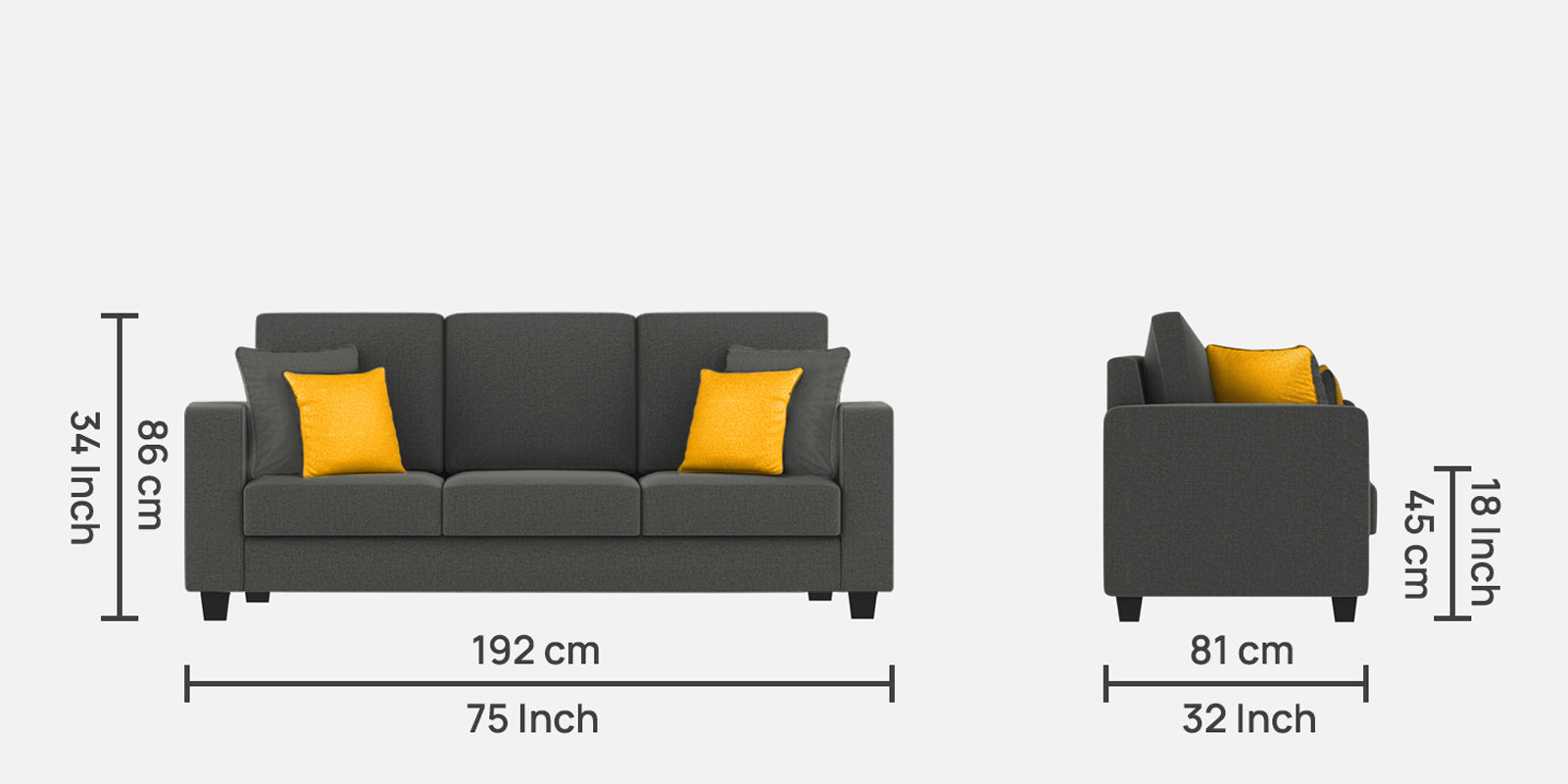 Nabi Fabric 3 Seater Sofa In Charcoal Grey Colour - Febonic Living